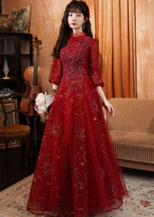 Beautiful Tulle Puffy Sleeves Long Party Dresses, Wine Red Long Prom Dresses Evening Dresses