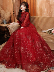 Beautiful Tulle Puffy Sleeves Long Party Dresses, Wine Red Long Prom Dresses Evening Dresses