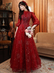 Beautiful Tulle Puffy Sleeves Long Party Dresses, Wine Red Long Prom Dresses Evening Dresses