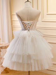 Beige Sweetheart Neck Tulle Puffy Short Prom Dresses, Beige Homecoming Dresses