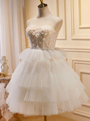 Beige Sweetheart Neck Tulle Puffy Short Prom Dresses, Beige Homecoming Dresses