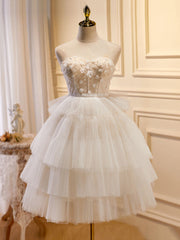 Beige Sweetheart Neck Tulle Puffy Short Prom Dresses, Beige Homecoming Dresses