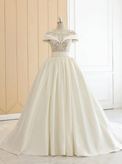 Beige White Ball Gown Satin Appliques Bateau Neck Wedding Dresses