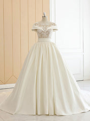 Beige White Ball Gown Satin Appliques Bateau Neck Wedding Dress