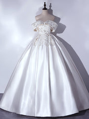 Beige White Satin Off the Shoulder Embroidery Quinceanera Dresses