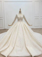 Best Discount And High Quality Light Champagne Tulle Sequins Long Sleeve Beading Wedding Dresses