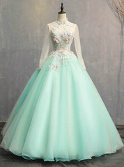 Best For You Green Ball Gown Tulle Long Sleeve Backless Appliques Quinceanera Dress