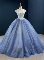 Biggest Sale Blue Ball Gown Tulle Cap Seeve Beading Long Prom Dresses