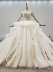 Biggest Sale Champagne Ball Gown Tulle Beading Sequins Long Sleeve Wedding Dresses