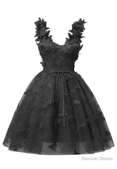 Black 3D Butterfly Lace Applique Tulle Homecoming Dress for Teens Sweetheart Mini Short Prom Dresses