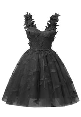 Sort 3D Butterfly Lace Applique Tulle Homecoming Dress til teenagere kæreste mini korte prom kjoler