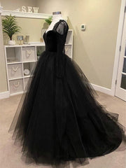 Black A-line Long Lace Sleeves Tulle Formal Dresses, Black Prom Dresses Party Dresses