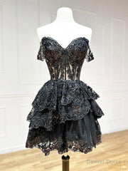 Black A-Line Sequin Tulle Short Prom Dress, Black Homecoming Dress