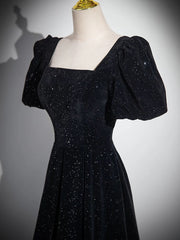 Black A-line Short Sleeves Velvet Simple Party Dresses, Black Evening Dresses Prom Dresses