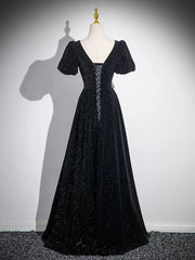 Black A-line Short Sleeves Velvet Simple Party Dresses, Black Evening Dresses Prom Dresses