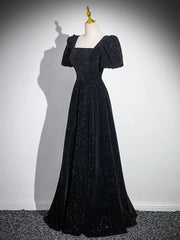 Black A-line Short Sleeves Velvet Simple Party Dresses, Black Evening Dresses Prom Dresses