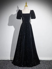 Black A-line Short Sleeves Velvet Simple Party Dresses, Black Evening Dresses Prom Dresses