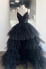 Black A-Line Tulle High Low Prom Dresses, V-Neck Evening Party Dresses