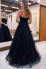 black a line tulle long prom dress with lace