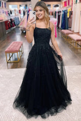 black a line tulle long prom dress with lace