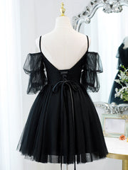 Black A line V Neck Lace Short/Mini Prom Dresses, Black Puffy Homecoming Dresses