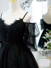 Black A line V Neck Lace Short/Mini Prom Dresses, Black Puffy Homecoming Dresses