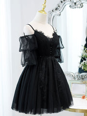 Black A line V Neck Lace Short/Mini Prom Dresses, Black Puffy Homecoming Dresses