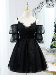 Black A line V Neck Lace Short/Mini Prom Dresses, Black Puffy Homecoming Dresses