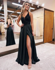 Black A-Line V-Neck Satin Prom Dresses with Slit