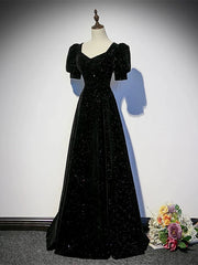 Black A-line Velvet Long Prom Dresses Party Dresses, Black Short Sleeves Prom Dresses