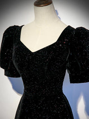 Black A-line Velvet Long Prom Dresses Party Dresses, Black Short Sleeves Prom Dresses