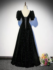 Black A-line Velvet Long Prom Dresses Party Dresses, Black Short Sleeves Prom Dresses