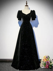 Black A-line Velvet Long Prom Dresses Party Dresses, Black Short Sleeves Prom Dresses