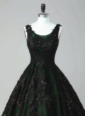 Black and Green Tulle with Lace Long Party Dresses, A-line Low Back Evening Dresses