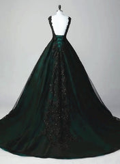 Black and Green Tulle with Lace Long Party Dresses, A-line Low Back Evening Dresses