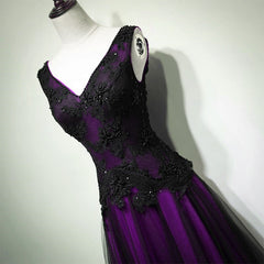 Black and Purple V-neckline A-line Prom Dresses, Tulle with Lace Party Dresses