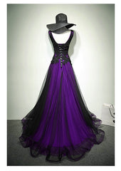 Black and Purple V-neckline A-line Prom Dresses, Tulle with Lace Party Dresses