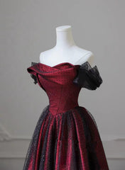 Black and Red Long Party Dresses, Off Shoulder Tulle A-line Prom Dresses