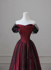 Black and Red Long Party Dresses, Off Shoulder Tulle A-line Prom Dresses