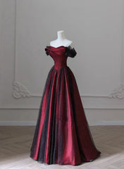 Black and Red Long Party Dresses, Off Shoulder Tulle A-line Prom Dresses