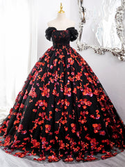 Black and Red Off Shoulder Floral Tulle Formal Dresses, Floor Length Party Dresses