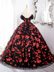 Black and Red Off Shoulder Floral Tulle Formal Dresses, Floor Length Party Dresses