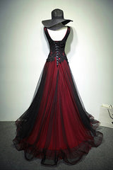 Black and Red V-Neck Tulle Long Prom Dresses, Lace Evening Dresses