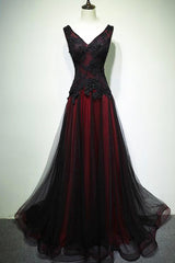 Black and Red V-Neck Tulle Long Prom Dresses, Lace Evening Dresses