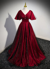 Black and Red V-neckline Long Satin Prom Dresses,Chic Long A-line Party Dresses