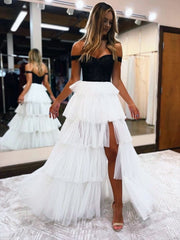 Black And White A-Line Strapless Tiered Long Prom Dresses