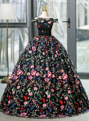 Black Ball Gown Embroidery Off the Shoulder Quinceanera Dresses