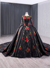 Black Ball Gown Long Sleeve Flower Prom Dresses