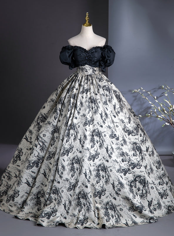 Black Ball Gown Print Puff Sleeve Pleats Quinceanera Dress