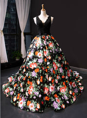 Black Ball Gown Satin Lace Print V-neck Prom Dresses With Beading